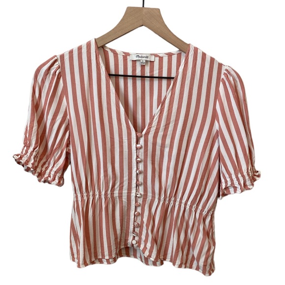 Madewell Tops - ❗️SOLD Madewell Short Sleeve Ruffle Peplum Pink & White Striped Blouse Small